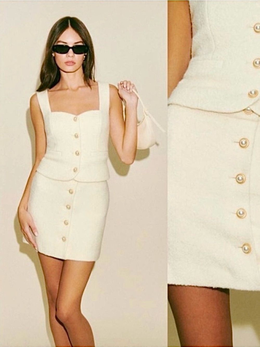 Reformation Brielle Cream Pearl Button A Line Wool Mini Skirt 4 Old Money Preppy